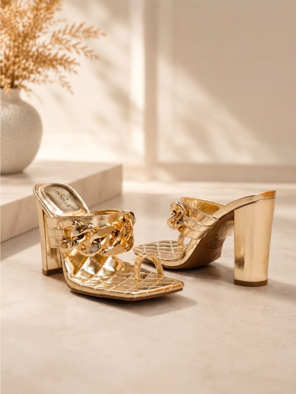 Gold Block Heel Chain Quilted Open Toe Mules For Women By Lovmark